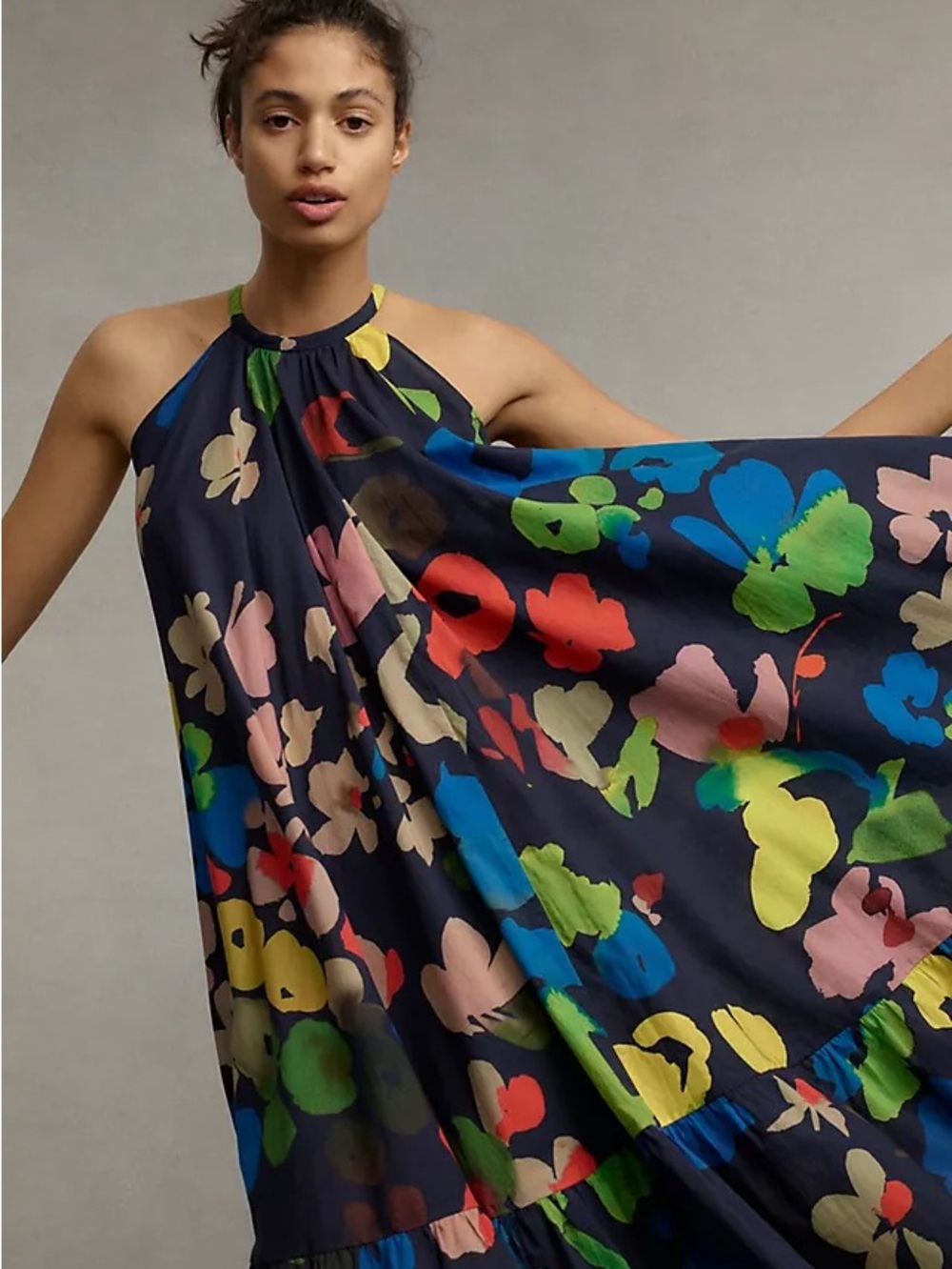 Anthropologie Navy Halter Maxi Dress with Multicolor Floral Print - Picture 2 of 7